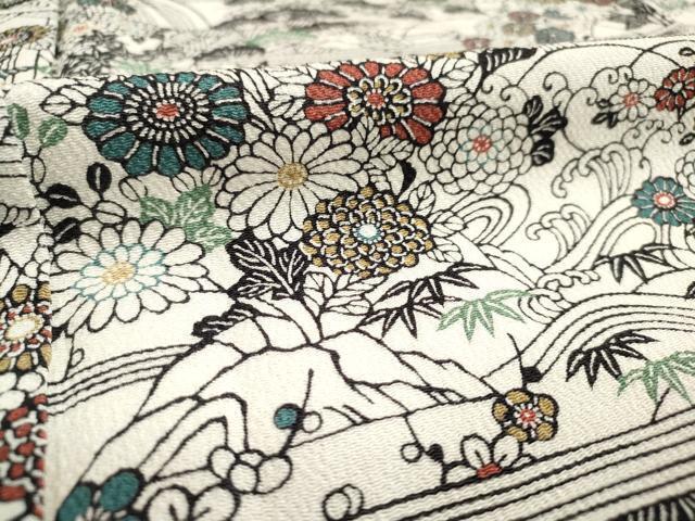 平和屋着物■上質な小紋　風景花松文　鬼しぼ縮緬　正絹　逸品　未使用　AAAM1557Agk 平和屋着物▽上質な小紋 単衣 型染め 風景草花文 鬼しぼ