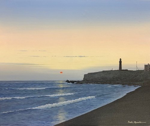 【真作】静けさと力強さが交錯し美しい朝焼けの光が海を照らす岬 大槌隆「夜明けの岬」油彩画8号【価格相談可 信頼と実績の正光画廊】O_画像1