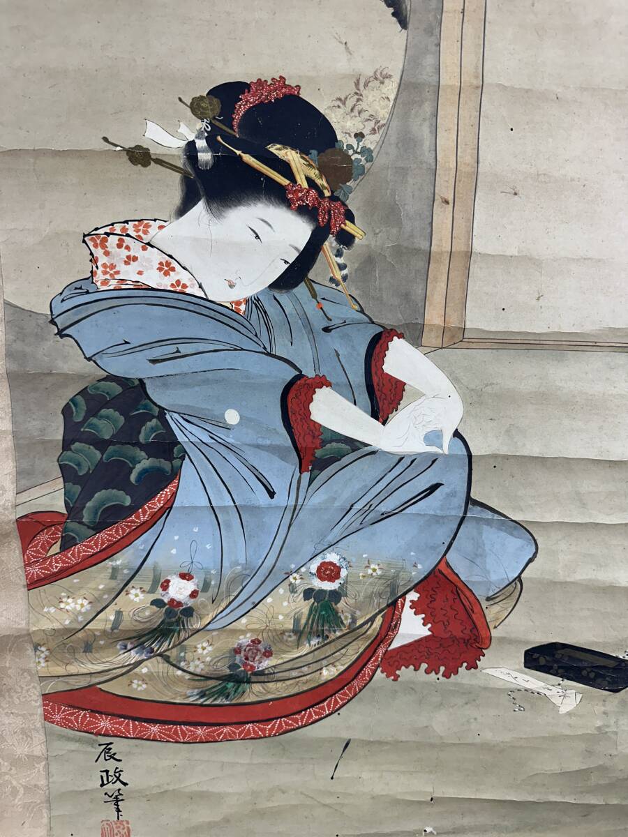 模写】掛軸 【葛飾北斎】『浮世絵美人』「北斎辰政画」落款 紙本 模写】掛軸 【葛飾北斎】『浮世絵美人』「北斎辰政画」落款 紙本