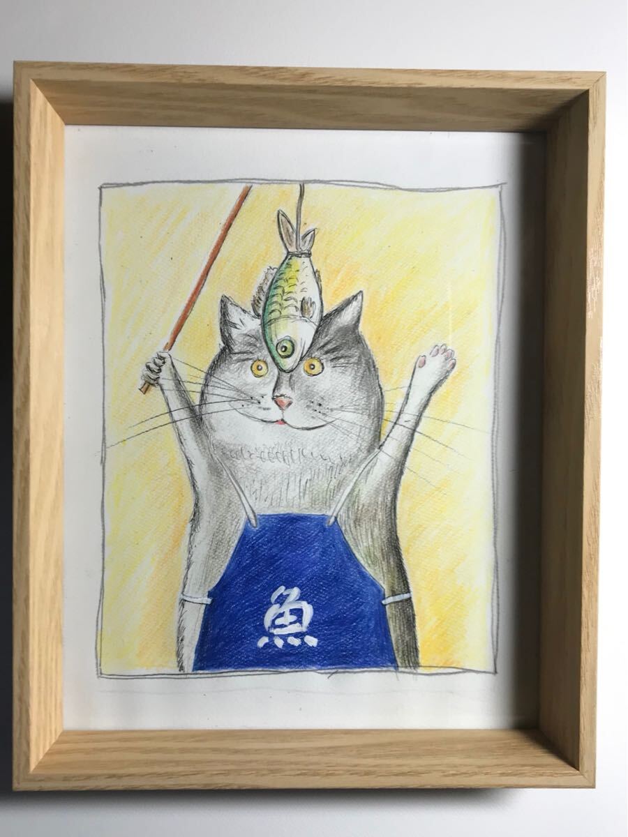 【猫イラスト】魚猫イラスト サイズ　22×27cm色鉛筆