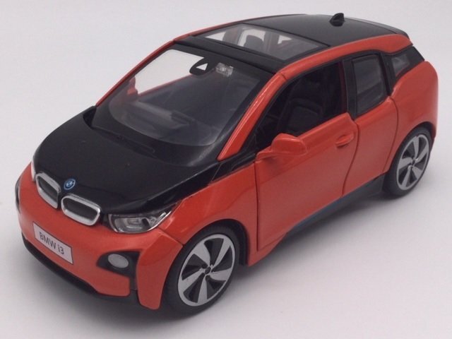 1/32 ＢＭＷ i3 赤 ミニカー ヘッドライト＆テールライト点灯 エンジン音＆クラクション 光る鳴る プルバック ダイキャストメタル