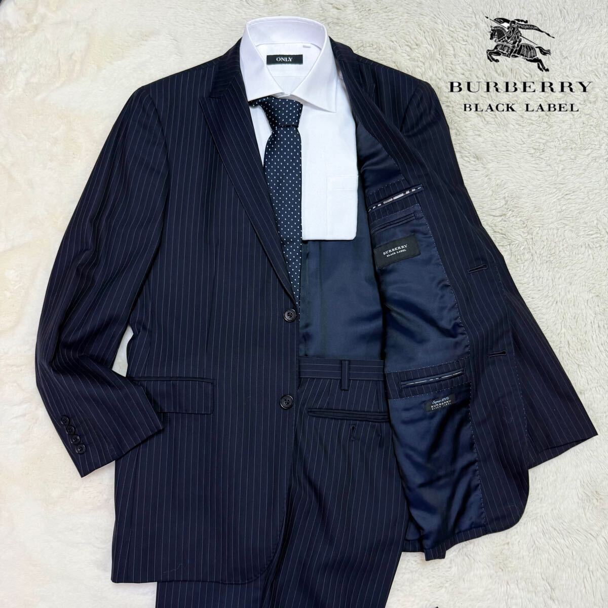 BURBERRY BLACK LABEL バーバリー ブラックレーベル セットアップ スーツ 42 ストライプ LL 美品 大きいサイズ 総裏 紺 ネイビー 2B