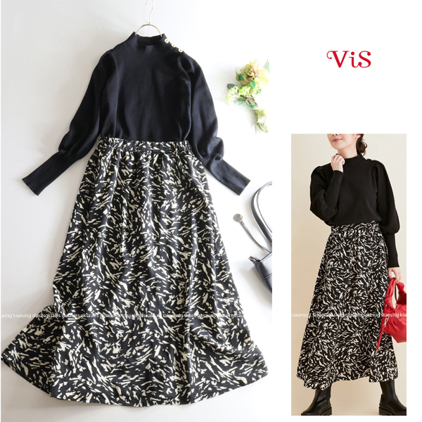 VIS ビス/ロペピクニック★大人可愛い♪ハイネックニットトップス＆プリントスカート切替えドッキングロング丈ワンピース