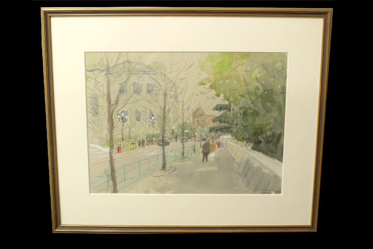 絵畫 水彩畫 林正治『并木の道』風(fēng)景畫 真作保証 現(xiàn)代創(chuàng)像美術(shù)協(xié)會(huì)會(huì)員 8號(hào) タトウ箱
