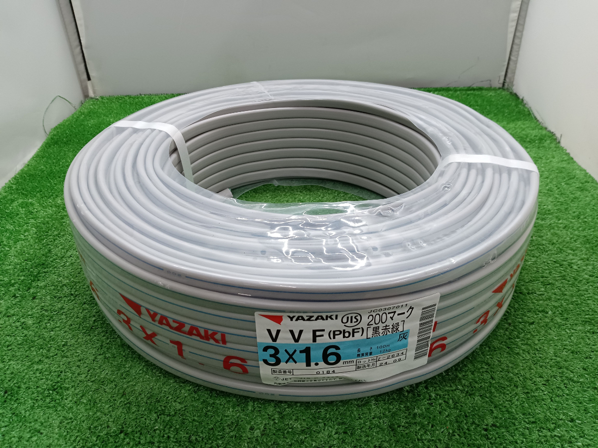 未使用 YAZAKI 矢崎 3×1.6mm VVFケーブル 灰色 100m 黒赤緑【200回路】 ③