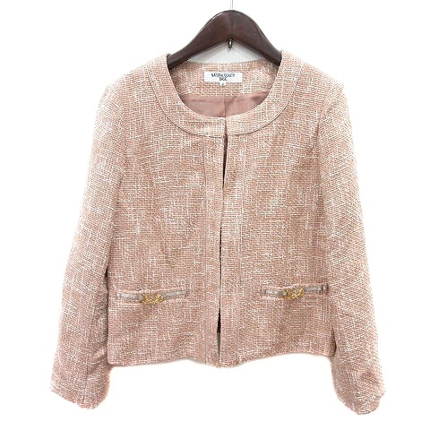 ナチュラルビューティーベーシック NATURAL BEAUTY BASIC ノーカラージャケット ツイード 総里地 ラメ S ピンクベージュ レディース