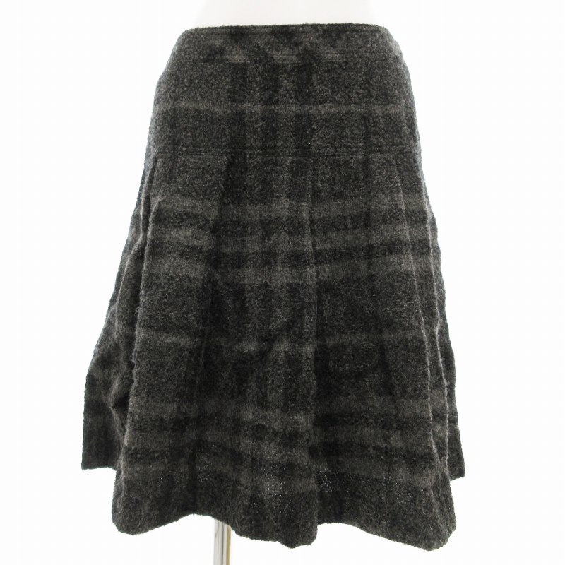 バーバリー ロンドン BURBERRY LONDON フレアスカート タック シャドーチェック ウール アルパカ混 ひざ丈 38 S グレー