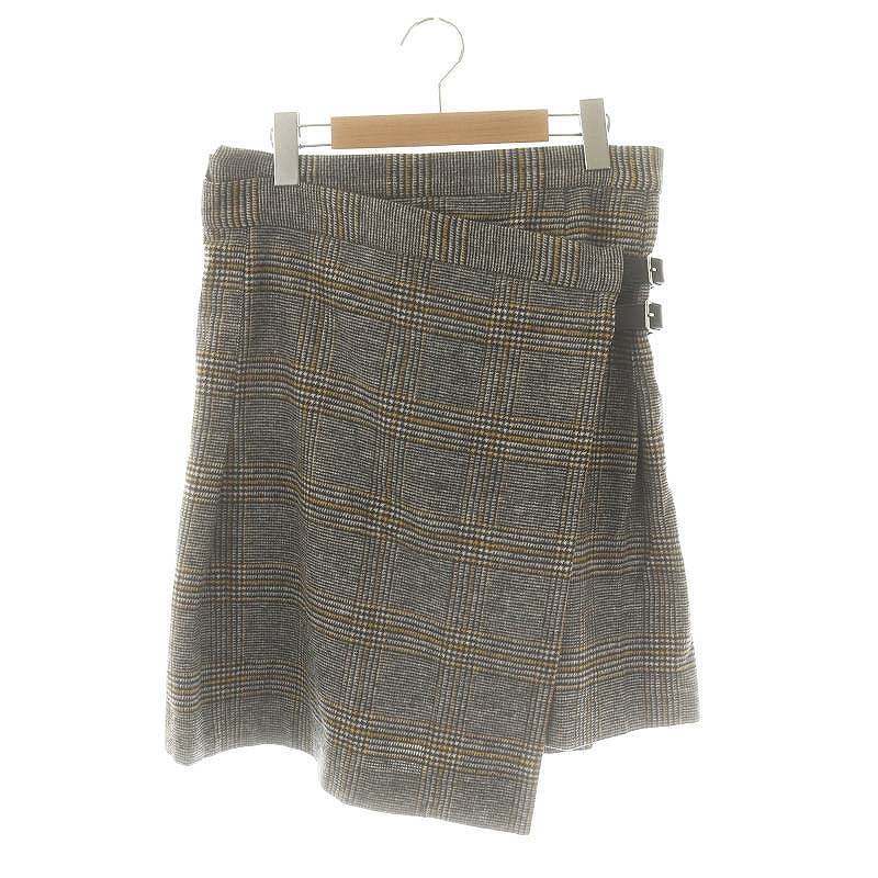 マウジー MOUSSY 23AW キルトスカート QUILT SKIRT チェック柄 ラップスカート ミニ丈 フレア ウール 2 M グレー 黃