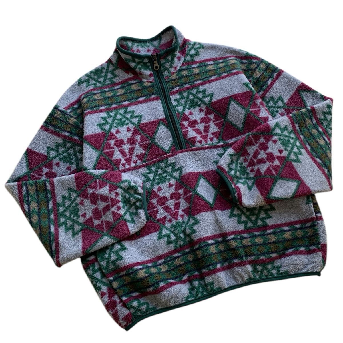90's USA製 Woolrich ネイティブ柄 ハーフジップ フリースプルオーバー L ビンテージ オールド ウールリッチ 総柄 アメリカ 古着