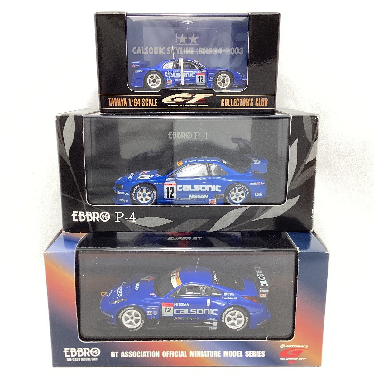 エブロ 1/43 P-4 カルソニックスカイライン JGTC 1999 + カルソニックインパルスZ 2005 + タミヤ 1/64 カルソニックスカイライン 2003