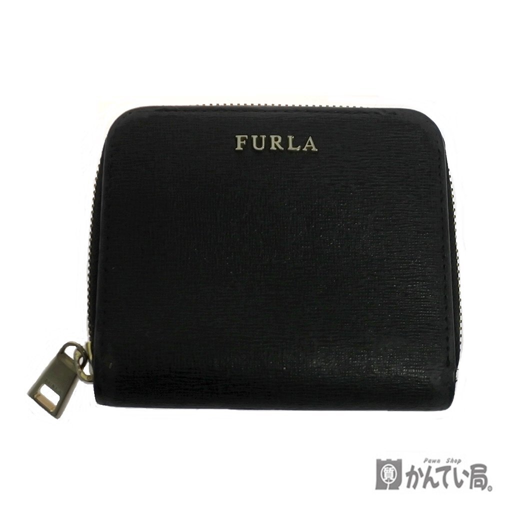 FURLA フルラ コンパクトジップ 二つ折り財布 ファスナー式 ブラック 黒 シンプル ホック開閉式 小銭入れ有 札入れ カード入れ ロゴ