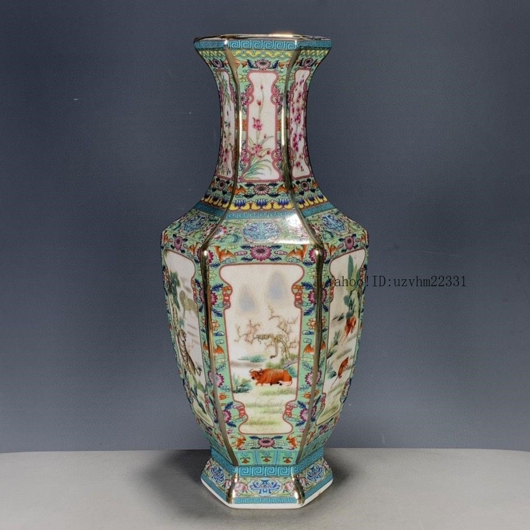 高質 パステルとエナメル花動物六角花瓶 景徳鎮 陶磁器 装飾品 工芸品 花瓶・フラワースタンド