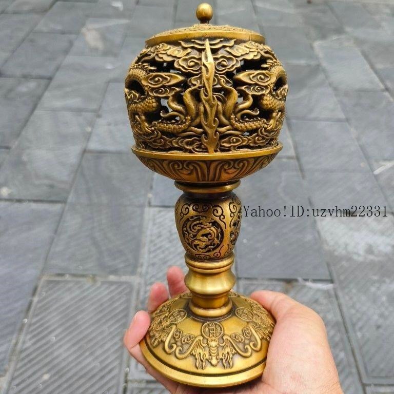 茶道具 古銅 洪在銘 金工細工 透かし彫り『五福迎寿』 香炉 薫香炉 香道具★ 銅 細工 透かし彫り 双龍香炉 銅香炉 仏具 茶道具 香道具 工芸品