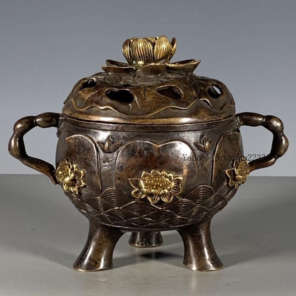 両耳?金浮彫り蓮華三脚香炉 仏具香道具 銅製品 工芸品 置物