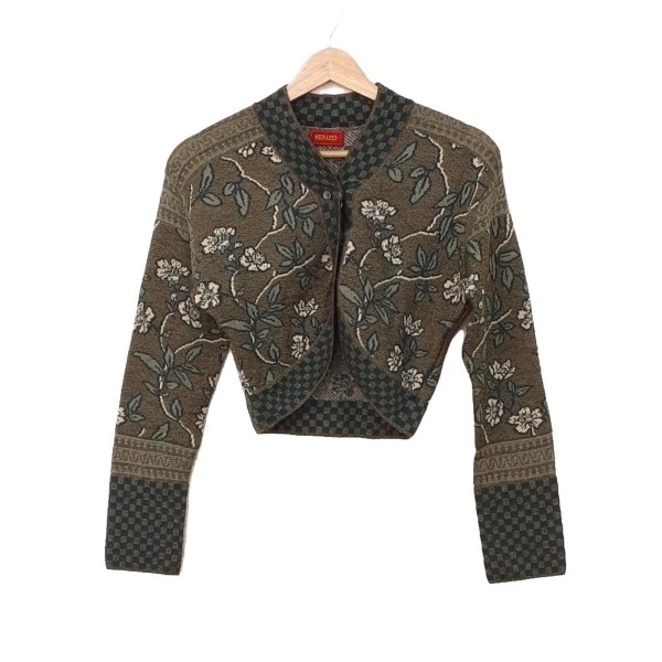 ケンゾー KENZO カーディガン サイズ2 M - グリーン×カーキ×アイボリー レディース 長袖/ショート丈 美品 トップス