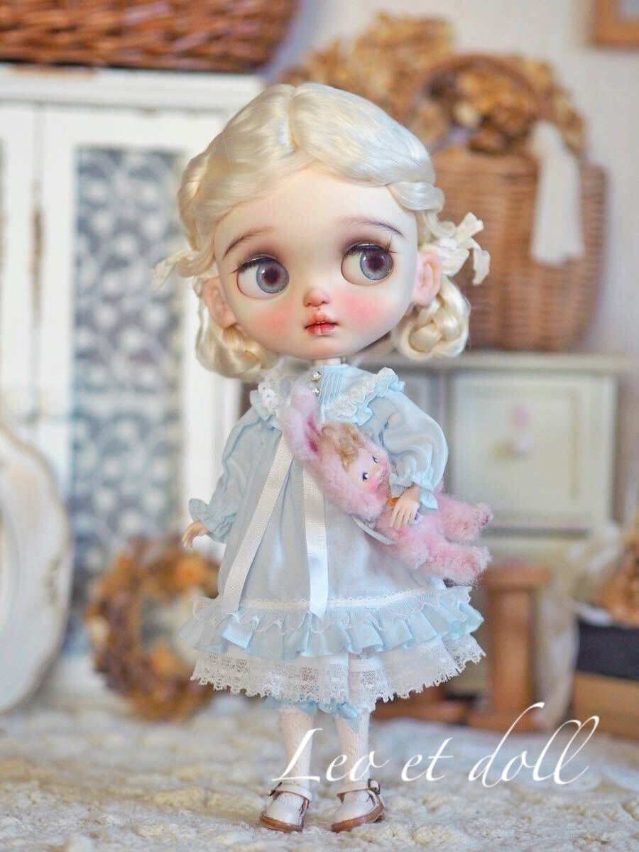 【Blythe outfit】ブライスアウトフィット　綿あめスモック（blue）【Leo et doll】