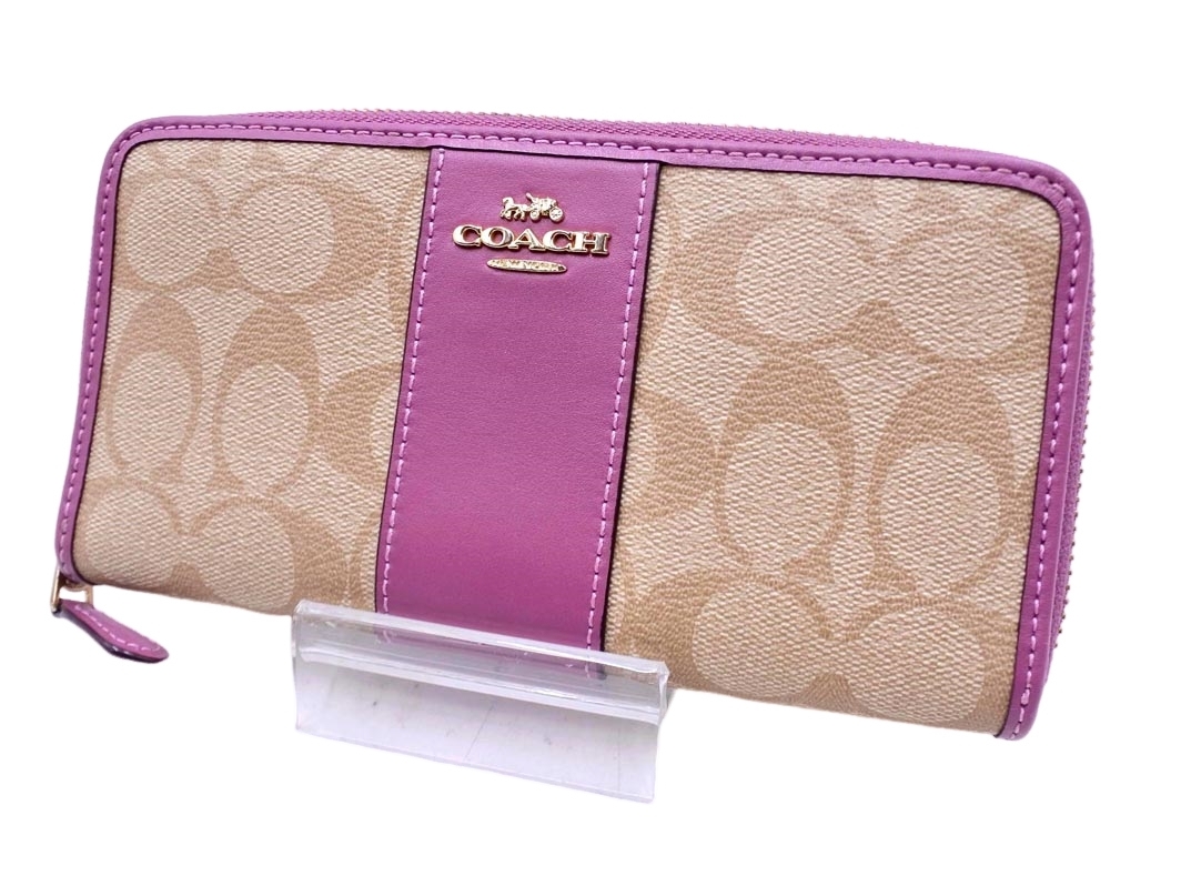 COACH コーチ F54630 シグネチャー ラウンドジップ 長 財布 ベージュＸピンク ■■ ☆ faa6 レディース