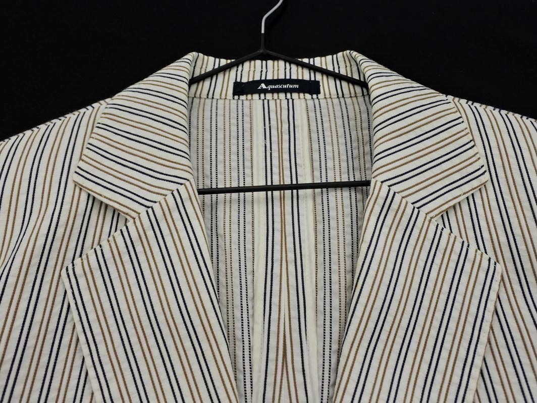 Aquascutum アクアスキュータム ストライプ テーラード ジャケット size5S/白ｘ紺ｘベージュ ■◇ ☆ fac2 レディース