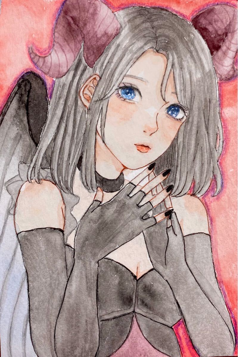 手描きイラスト オリジナル 原画 水彩画 創作 悪魔 女性 手描きイラスト オリジナル 原画 水彩画 創作 悪魔 女性