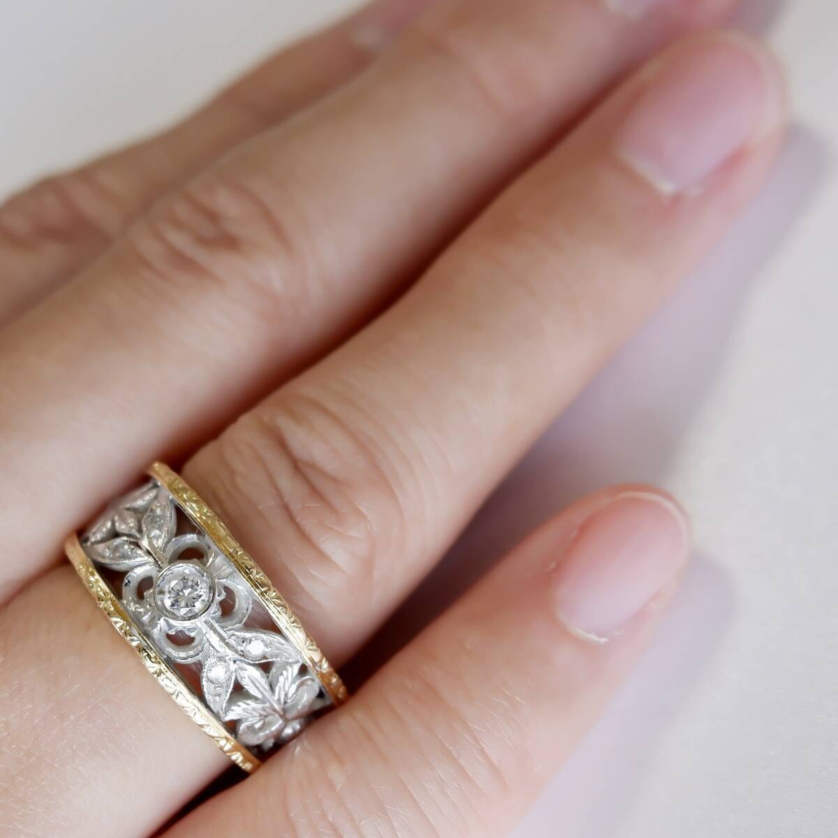 最終価格 フィレンツェ彫り リング 12号 ダイヤモンド プラチナ 18k 750 ITALY フィレンツェ彫り ダイヤモンド リング 12.5号 透かし
