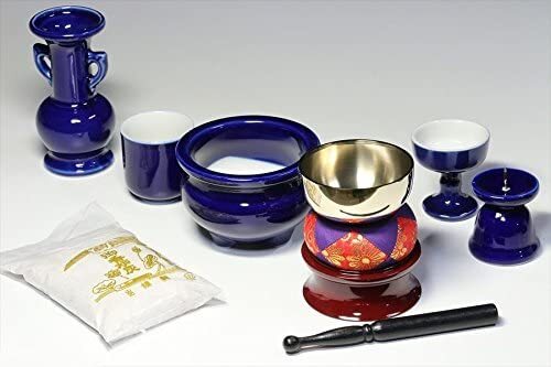 国産 ミニ仏壇 仏具 セット 陶器 5点+香炉灰+おりん 4点 マッチ付_画像1