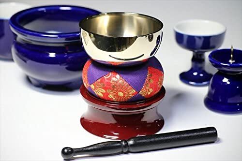 国産 ミニ仏壇 仏具 セット 陶器 5点+香炉灰+おりん 4点 マッチ付_画像2