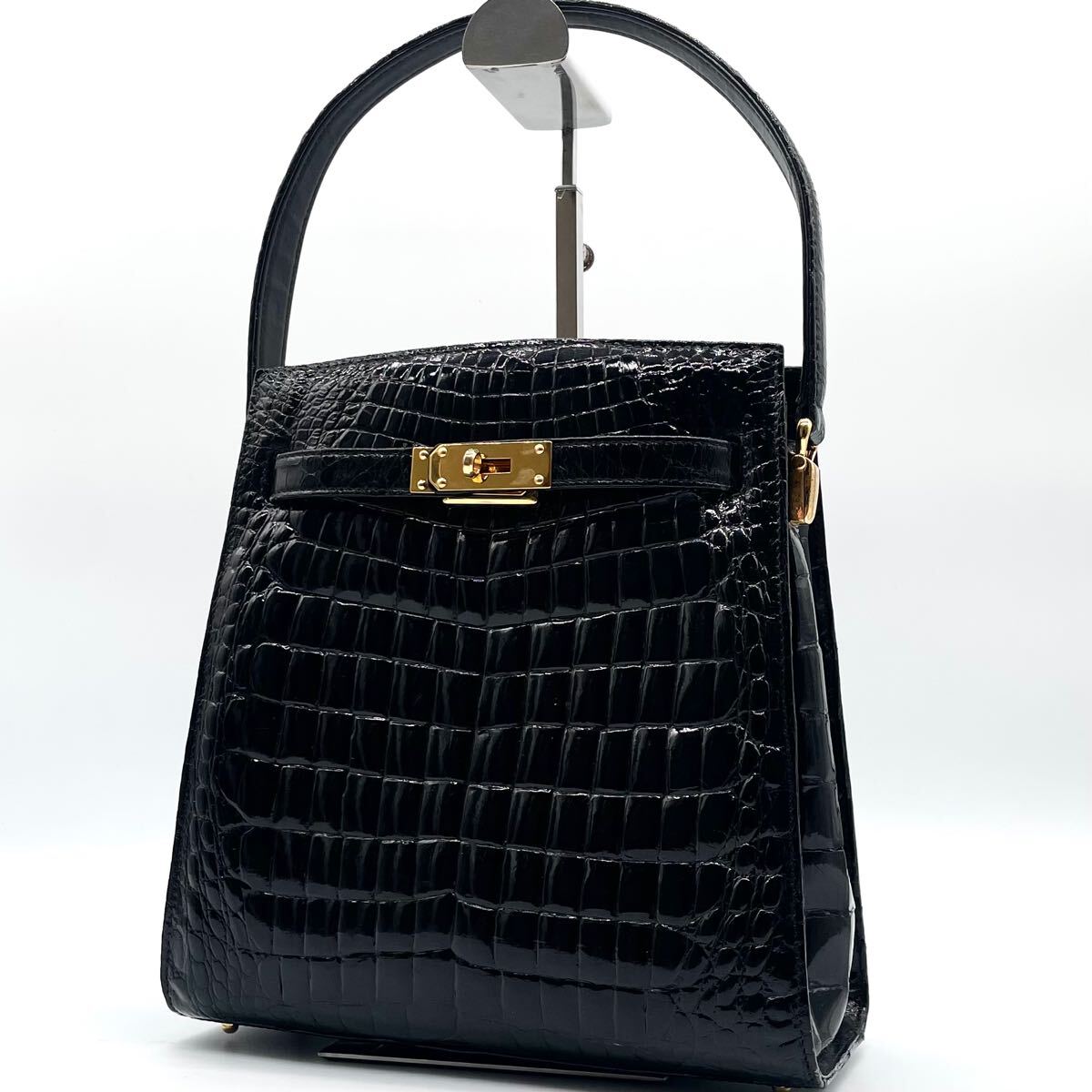 1円〜【極美品】GENUINE CROCODILE SKIN クロコダイル シャイニング ワニ革 本革 ハンドバッグ ワンショルダー ターンロック ゴールド金具