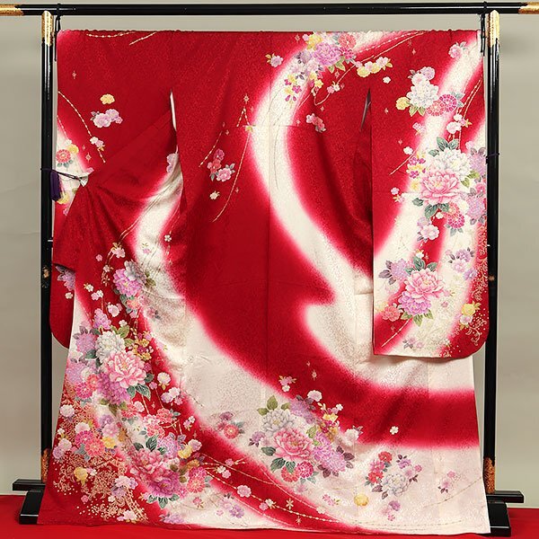 【和遊館】EFK054　お仕立て上がり！正絹お振袖（成人式・結婚式・卒業式・初詣などに）赤紅色（中古品）