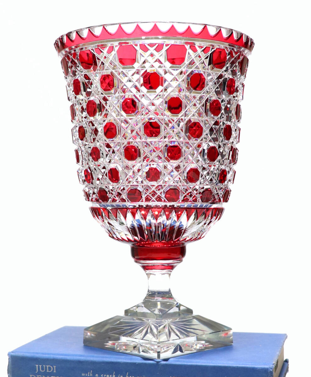 オールド・バカラ (BACCARAT) 稀少名品 特大 切子コンポート 2.8kg 28cm 赤色被せ装飾 花瓶 ディアマン・ピエーリー アンティーク 春海商店