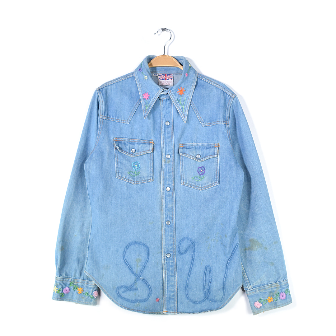 【送料無料】70s ブリタニア スポーツウェア 刺繍 ヴィンテージウエスタンシャツ デニム BRITTANIA SPORTSWEAR メンズＭ @CA1424