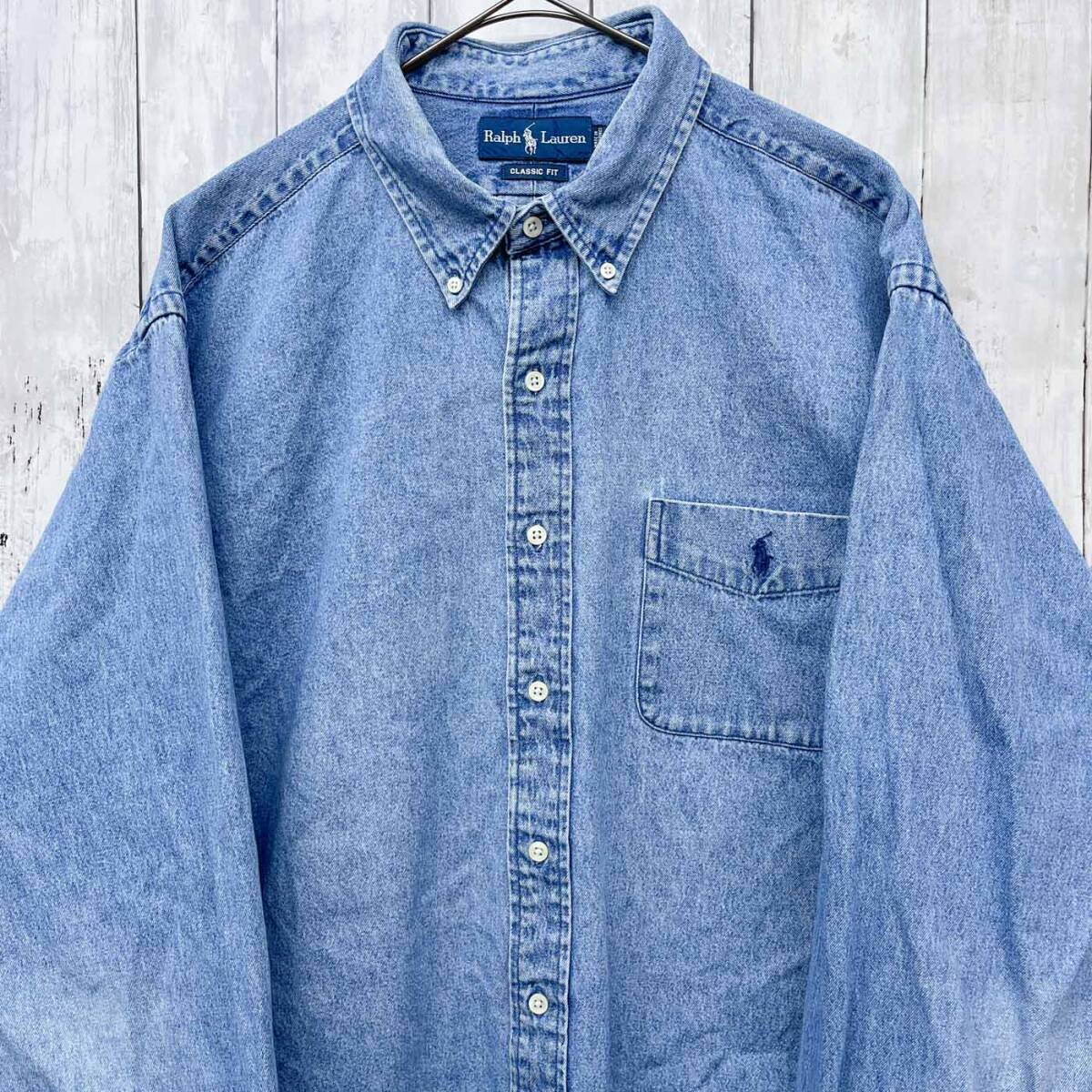 ラルフローレン Ralph Lauren CLASSIC FIT デニムシャツ 長袖シャツ メンズ ワンポイント コットン100% XXLサイズ 6-159