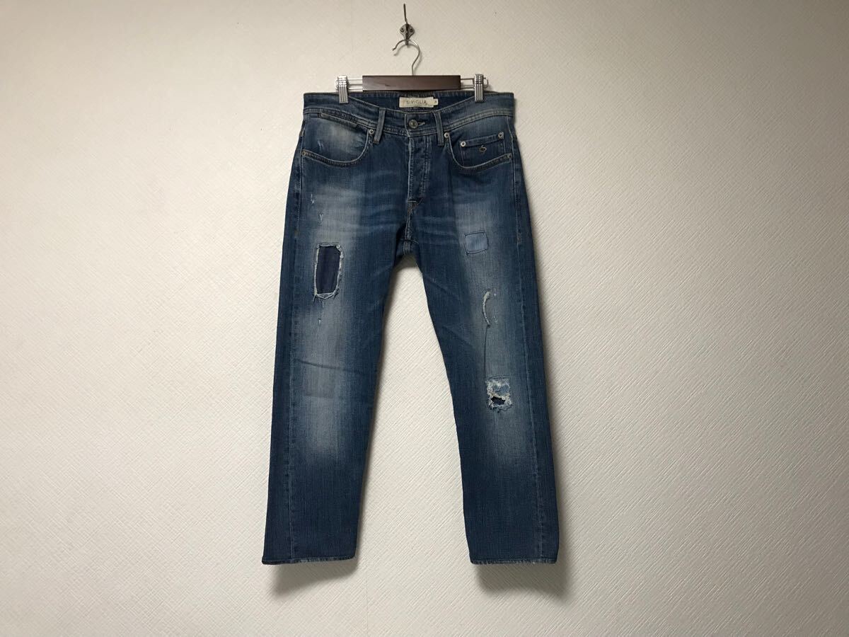 本物シヴィリアSIVIGLIAシビリアコットンストレッチダメージ加工デニムパンツメンズサーフビジネススーツゴルフ29S青ブルーイタリア製_画像1