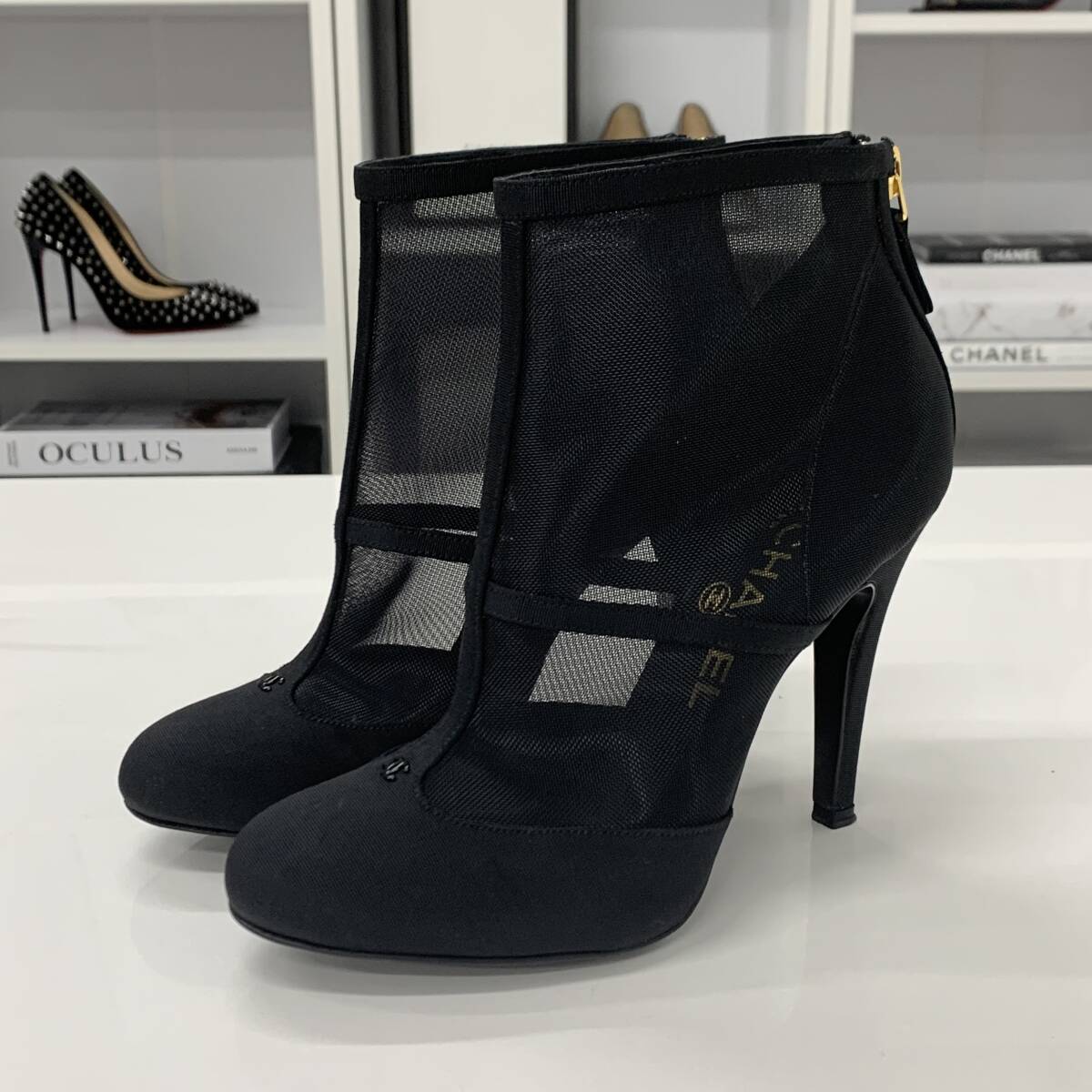 M11506 シャネル メッシュ ファブリック ココマーク ショートブーツ ブラック