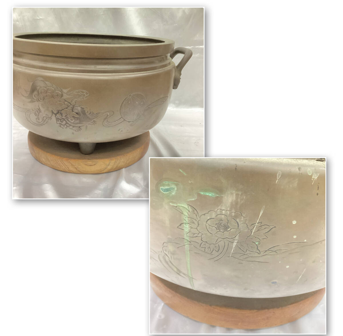 真鍮製 円形 火鉢 大火鉢 直径:約58cm 高さ約33cm約13.3kg 双耳 真鍮製 円形 火鉢 大火鉢 直径:約58cm 高さ約33cm約13.3kg 双耳