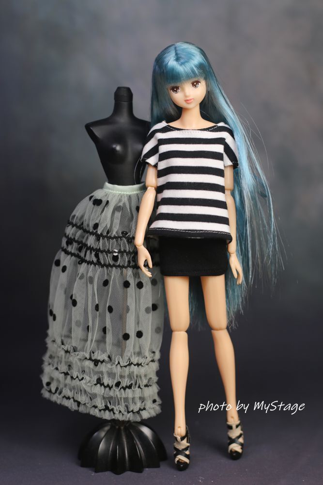人形服msdr-24-371若緑チュールスカートとボーダー半袖Tシャツ（momokoジェニーオビツ用）