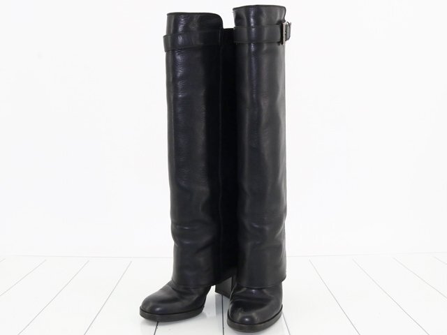 シャネル カバーロングブーツ size３４ 1/2（22-22.5cm相當(dāng)） ブラック レザー ヒール8cm■CHANEL ロングブーツ レディース