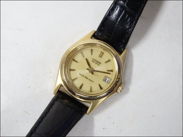 動作品 CITIZEN/シチズン◆Eco Drive エコドライブ/E011-S033306◆レディース腕時計 デイト ゴールド文字盤 ソーラー電波 SS×レザー
