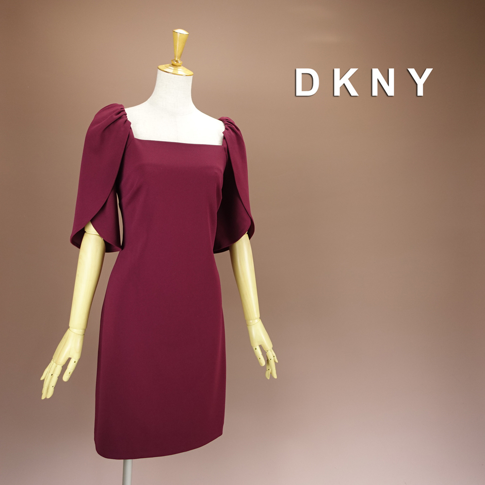 新品DKNYダナキャラン4/11號(hào) えんじ色 ボルドー赤紫 ワンピース ドレス チューリップ半袖 結(jié)婚式 女子會(huì) 同窓會(huì) 謝恩會(huì) 華31F0601