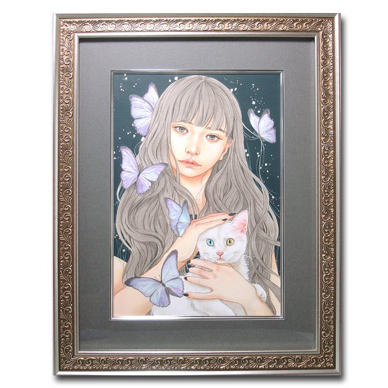 花◇猫と女の子を描く画家【おちょぴ】真筆 紙にアクリル絵具 3 花◇猫と女の子を描く画家【おちょぴ】真筆 紙にアクリル絵具 3