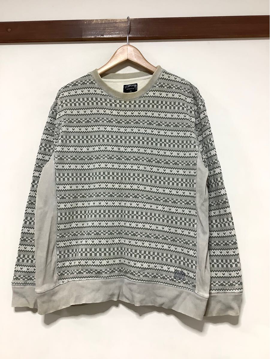 け1589 STUSSY ステューシー 総柄スウェット トレーナー M グレー 裏パイル ストリート ジャンク 難あり