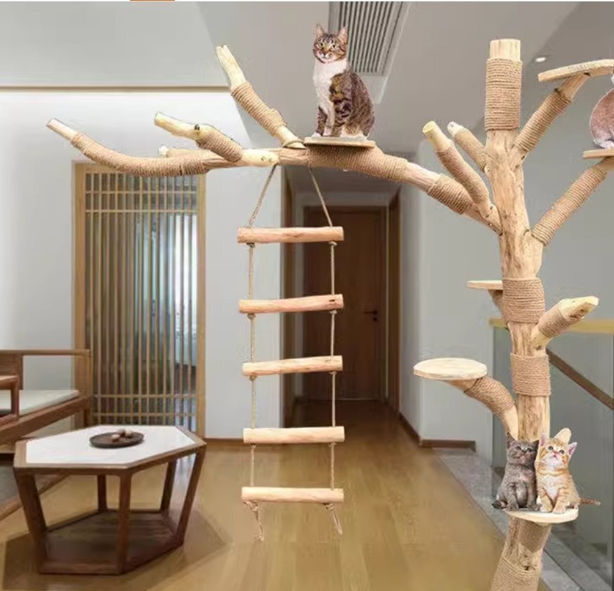 キャットタワー 貓登山タワー貓の活動(dòng)木 貓のジャンプ 高1.5m プラットフォーム 貓の游び地域 貓の活動(dòng)ツリー 木制 無(wú)垢材