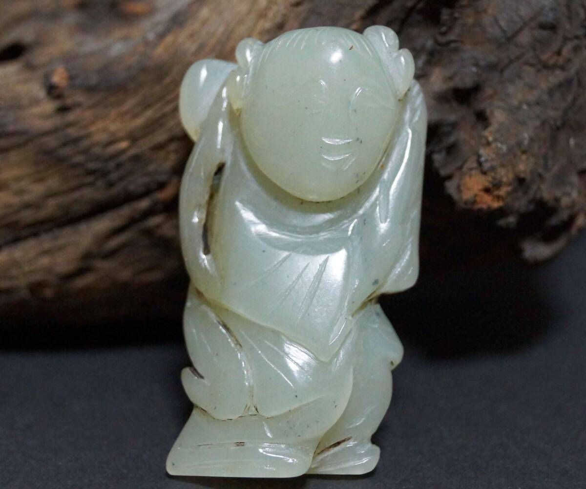 古代 和田玉(ホータン) 細工彫り『唐子』 根付 緒締玉 提げ物 装飾品 置物★時代物★高さ4.8ｃｍ☆s70116