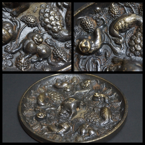 閑】時代大型古銅鏡 金工細工 海獣葡萄鏡（かいじゅうぶどう
