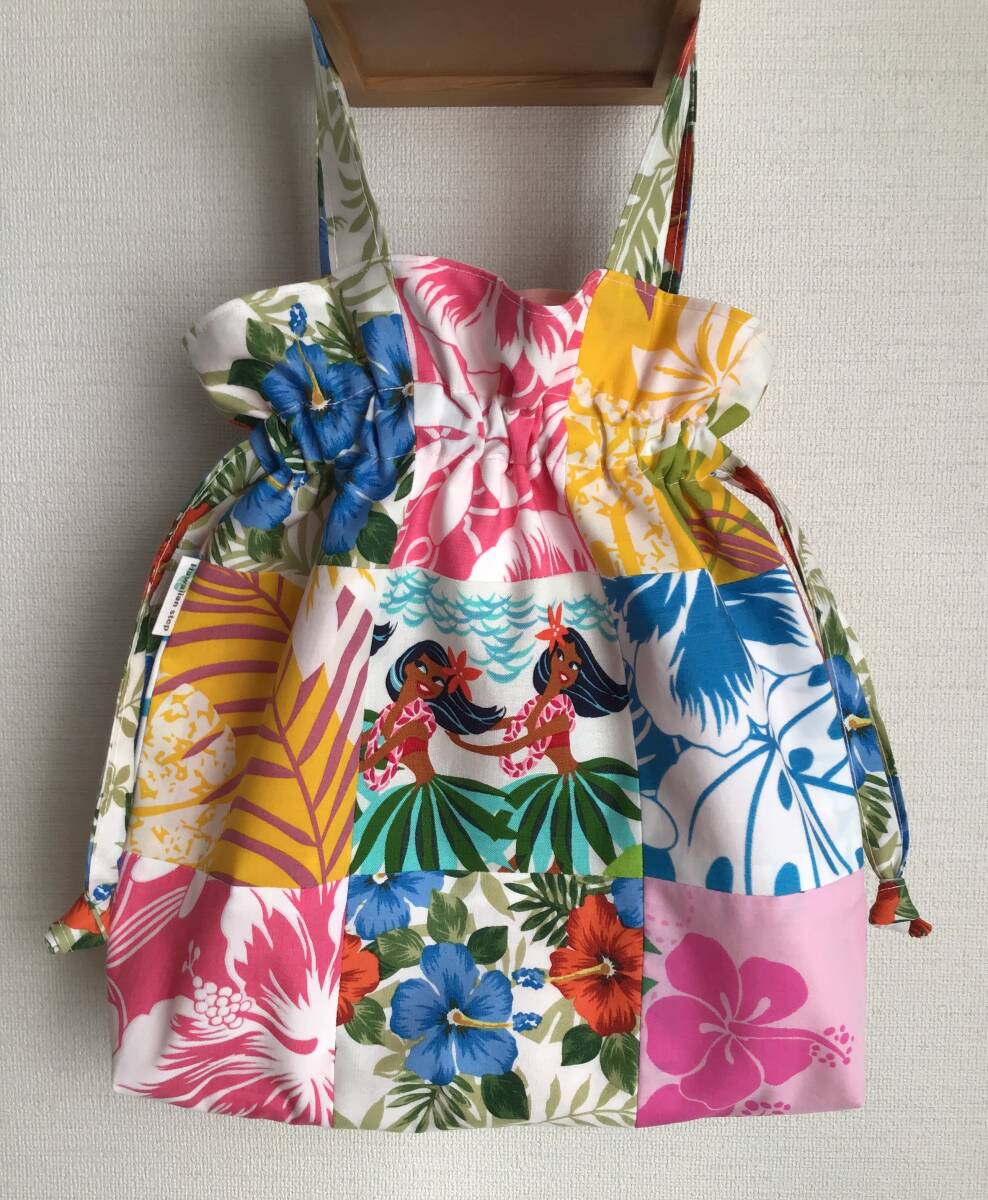 ハワイアン パッチワーク 巾着トート 巾着袋 ハンドメイド Hawaiian Hawaii フラガール hula girl ハイビスカス hibiscus 巾着 手提げ