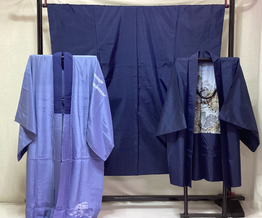 中古品　正絹　男物　横双大島　アンサンブル　着物　羽織　長襦袢　3点セット品　24435　t