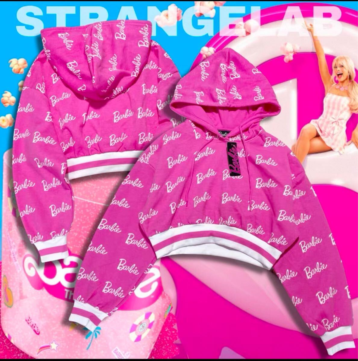 未使用Barbieパーカー　トレーナー　ピンク　スウェット　フード バービー フーディー 長袖 ピンク ロゴ入りショート丈トップス 映画 総柄