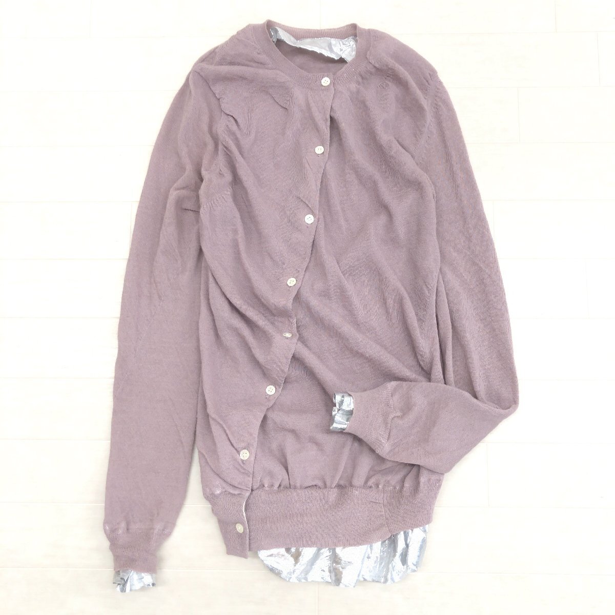 sacai サカイ ウール100% 変形 シルバーフリル ドッキング ニット ギャザー カーディガン 2(M) ラベンダー系 羽織り チュニック 個性派