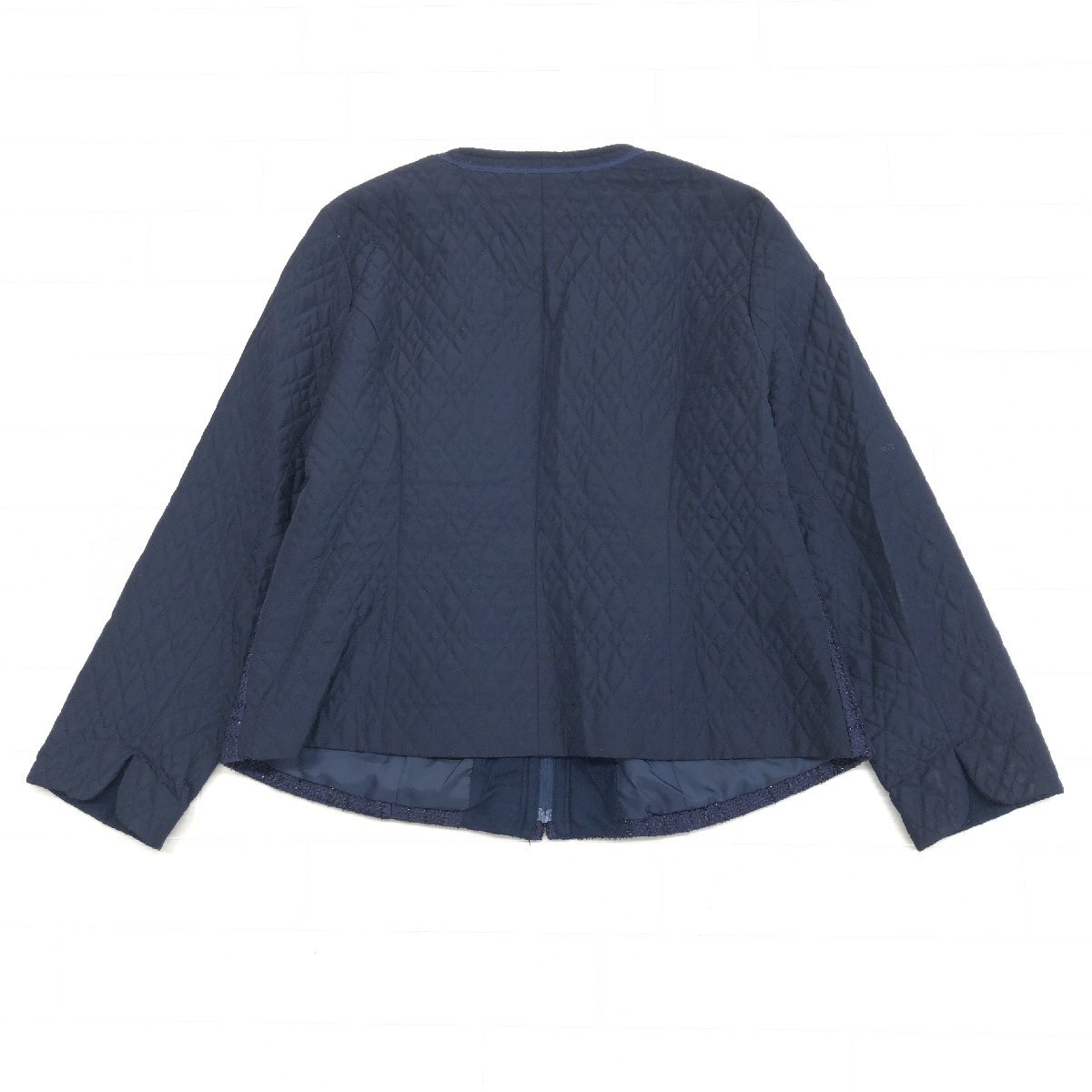 ●KANSAI BIS カンサイビス ツイード ドッキング 中綿 キルティング ジャケット 15(2XL) ネイビー ノーカラー 羽織り 3L ゆったり 大きい