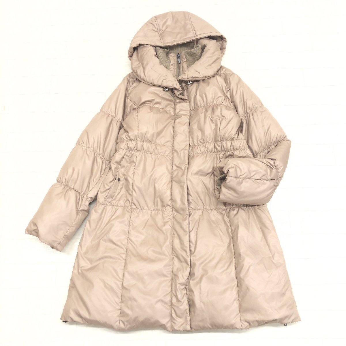 ◆DOWN COAT レイヤード風 フーデット ダウンコート L ベージュ ダウンジャケット ロングコート アウター 国内正規品 レディース 女性用