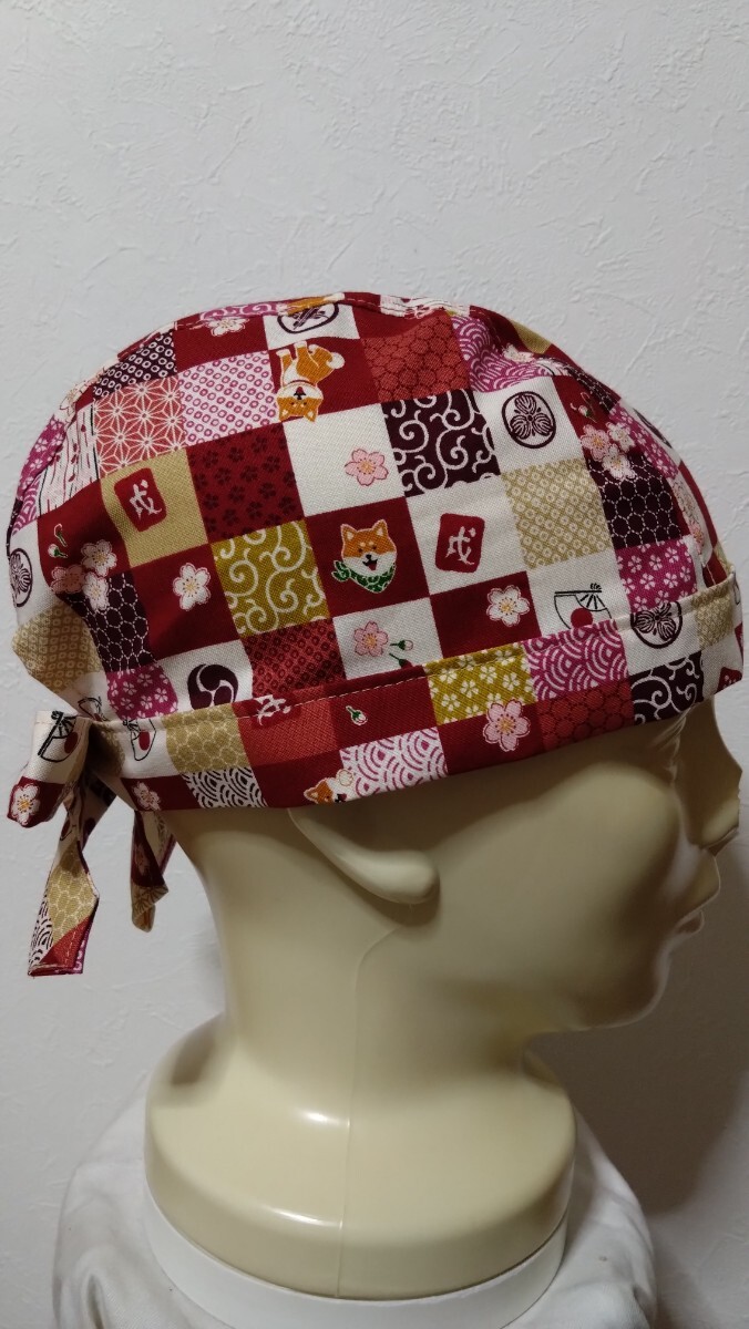 短★バンダナキャップ★ハンドメイド　和柄　柴犬　唐草　麻の葉　市松　パッチ　赤